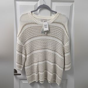 Barefoot Dreams Striped Crewneck Sweater in Cream and Beige